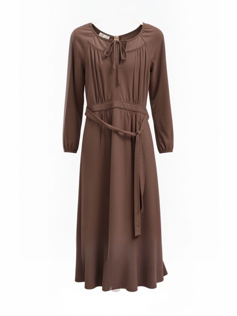 RevivAll Brown Long-Sleeve Tie-Waist Midi Dress